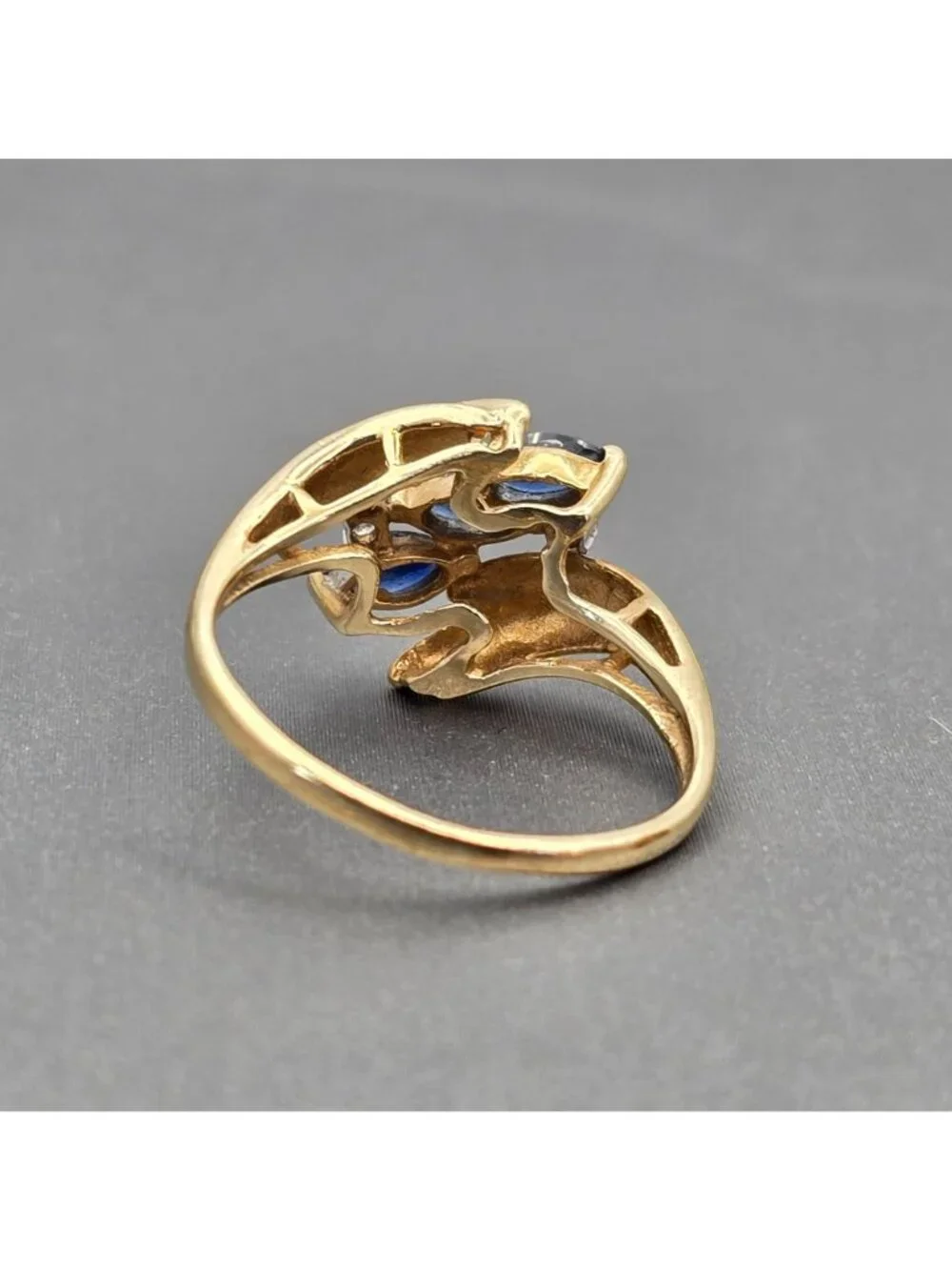 10k Gold Ring Size 7 3 Marquise Sapphire & 2 Diamond Accents Signed Cardow - Picture 5 of 16